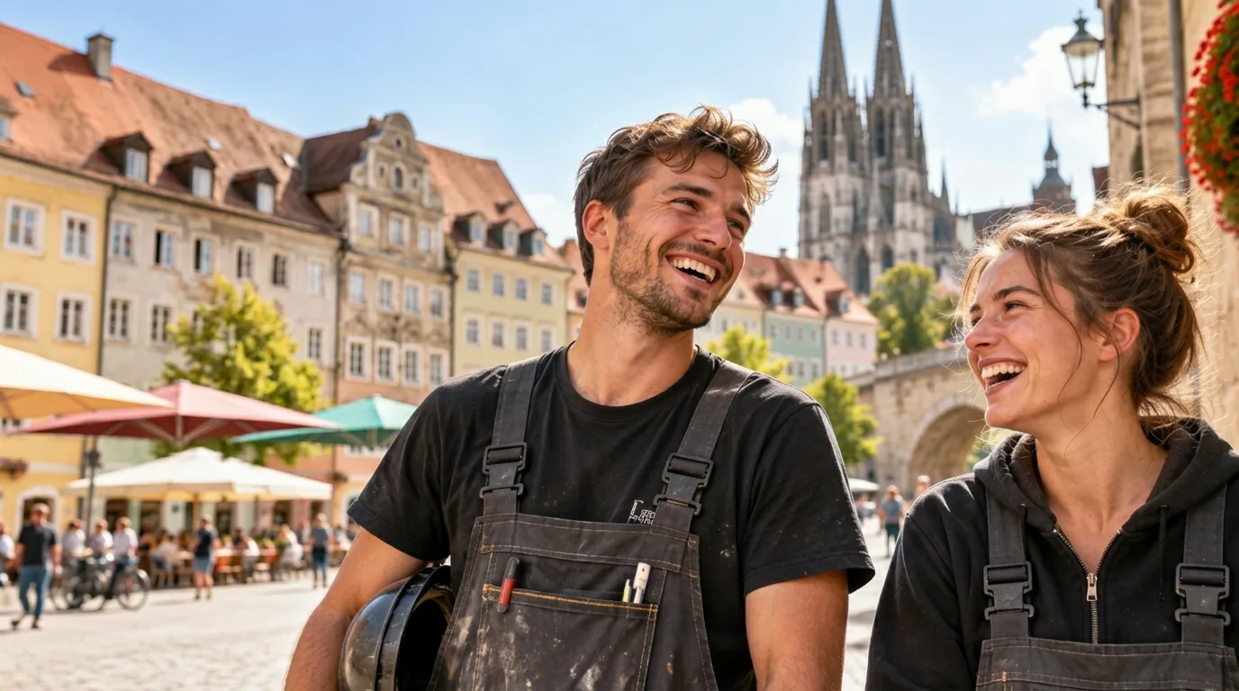 Zwei lachende Handwerker auf einem Platz in Regensburg vor dem Dom